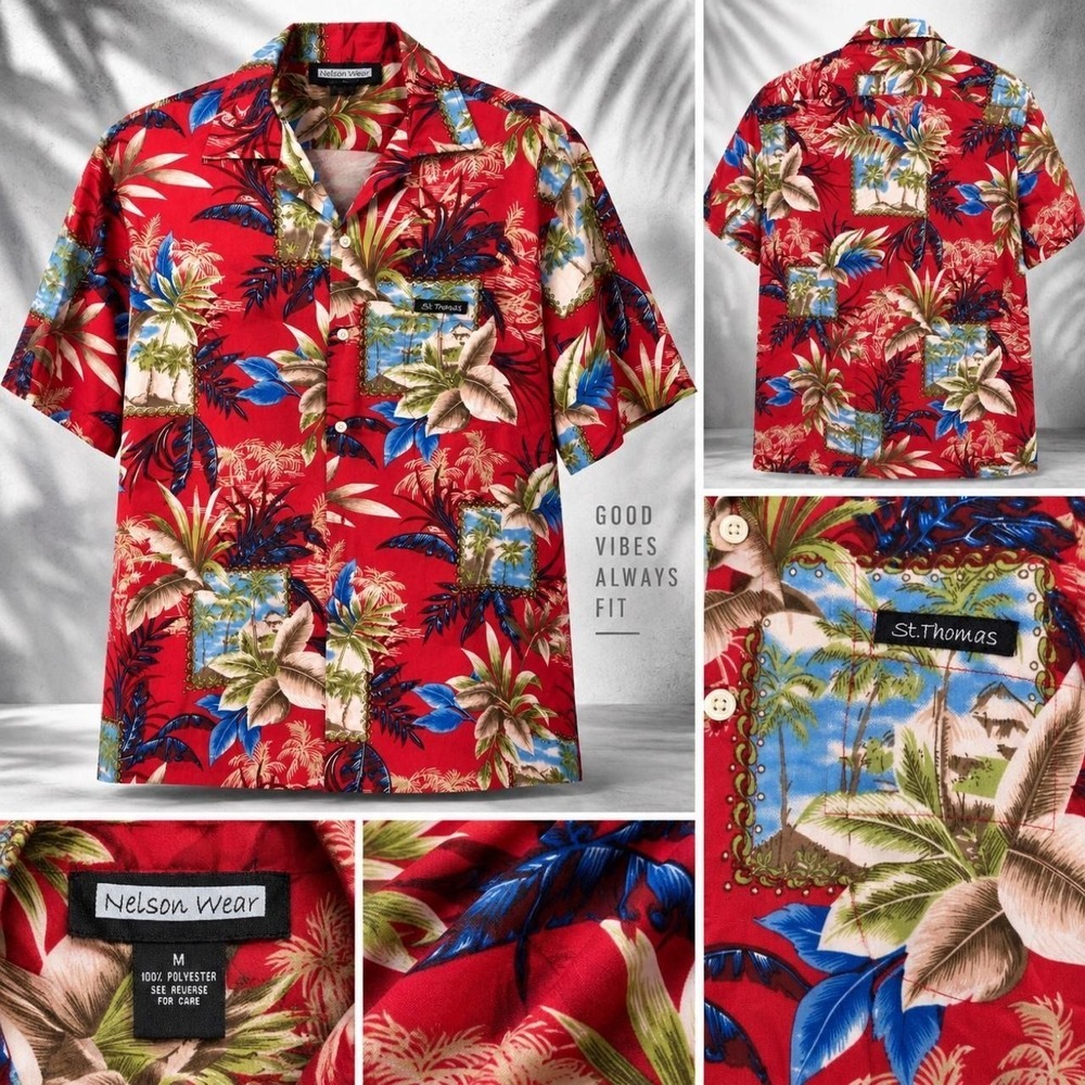 Nelson Wear St. Thomas Hawaiian Shirt Red Tropical Button-Up Men's M